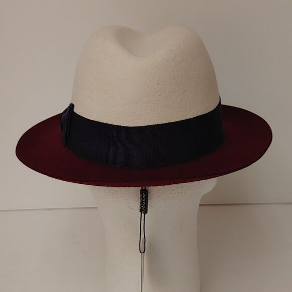 MEN'S MONTIQUE WHITE-BURGUNDY 2 1/4" WIDE BRIM 100% WOOL FELT FEDORA HAT. H82 - Picture 4 of 8
